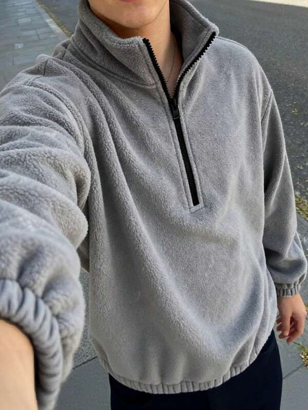 1 pieza Sudadera con capucha de cuello alto de manga larga con forro polar y unicolor con media cremallera para adolescentes varones, estilo clásico casual adecuado para salidas, uso en casa y como regalo