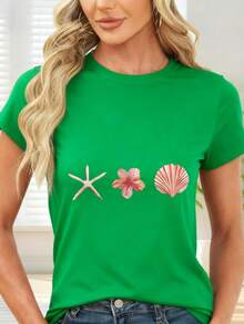 Camiseta de  con Estampado de Estrella de Mar Flor y Concha para Playa Verano - Verde - Ver 1