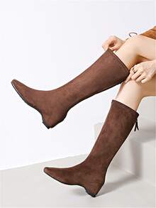 Women's Fashion Square Toe Casual Commuter Boots With Back Zipper, Suede Finish, Available In Camel, Black, Brown, Ankle High, Suitable For Winter - Brown - View 4