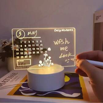 1个亚克力3D LED夜灯，USB供电台灯，带写字板，智能白色底座配笔，留言板带日历，防震，抛光表面，LED光源，床头灯，桌面装饰氛围灯，节日礼物灯