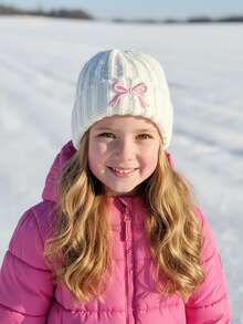 1顶女童刺绣蝴蝶结针织帽，时尚幼儿女童秋冬季针织帽，保暖儿童针织帽，白色儿童冬帽 - 1PC - 查看 6