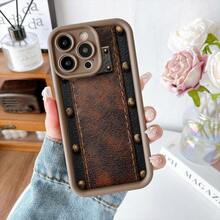 Carcasa de teléfono con diseño de cuero vintage marrón oscuro con remaches y costuras para iPhone estilo retro elegante uso diario y moda urbana - Burdeos - Ver 5