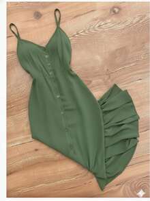 Long Dress In Viscose, Plain, Straps, Buttons On The Front, Cups And Lining. Elastex On The Back - Army Green - View 1