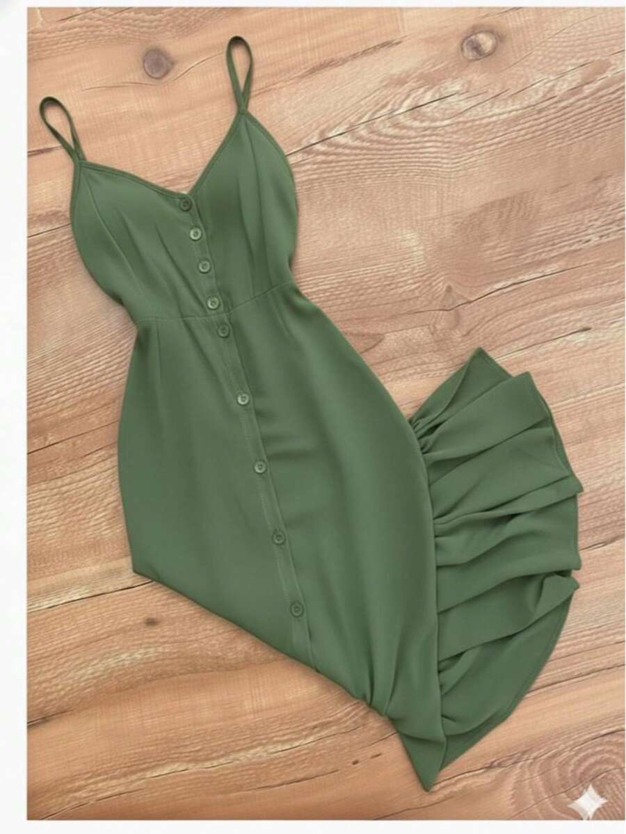 Long Dress In Viscose, Plain, Straps, Buttons On The Front, Cups And Lining. Elastex On The Back - Army Green - View 1