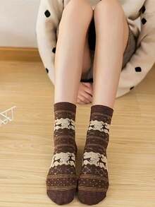 5 Paar bequeme Rentier-Muster Mittellange Socken, Damen Socken - Dicke Weihnachtssocken für Damen, entworfen mit Feiertags-Tiermotiven in Rot, Beige, Braun und Dunkelblau, perfekt für Weihnachtsfeierlichkeiten, die erste Wahl für Weihnachtssocken