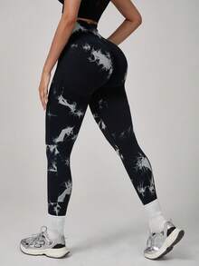 High Waisted Seamless Slim Tie-Dye Leggings For Women -Resilient Soft Touch Quick-Drying Breathable 4-Way Stretch Butt Lifting Legging, For Hiking Running Cycling Yoga Pickleball Exercise Casual - 黑色 - 查看 5