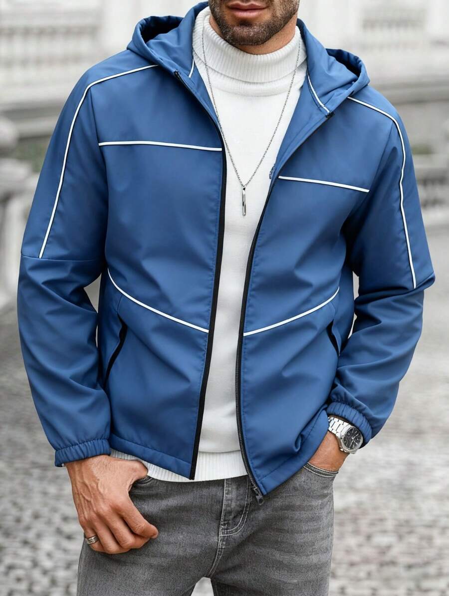 Chaqueta softshell para hombres, chaqueta exterior a prueba de viento con capucha, adecuada para senderismo y camping - Azul - Ver 1