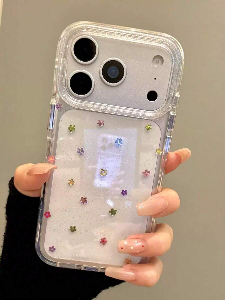 Minimalist Flower Design Fashion Clear Floral Glitter Finish Indie Colorful Phone Case Compatible With IPhone 17 Pro Max, 16 Pro, 15 Plus, 14 Anti-Drop Protective Cover Spring Gift