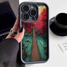 Cubierta de teléfono con borde protector color gris oscuro diseño de puente colgante sobre río turquesa con árboles rojos en otoño para uso diario y viajes - Café integral - Ver 3