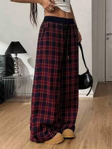 大码女士休闲格子阔腿裤，松紧腰带配抽绳 - 黑、白、蓝格子图案，宽松版型，四季皆宜，无弹力面料 - 紅色 - 查看 3