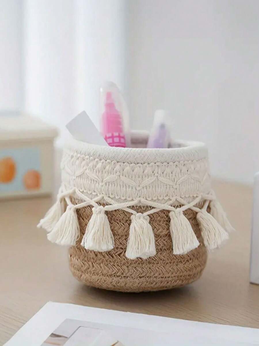 Chic Tasseled Storage Basket For Home Office And Living Room - Minimalist Retro Desk Organizer And Cosmetic/Makeup Storage, Pen Holder, Jewelry And Small Item Organizer, Woven Indoor Decorative Basket For Tidy Spaces, Multipurpose Utility For Vanity, Study Desk, Craft Room, And Gift Ideas For Spring Festival, Lightweight Design, Soft-Tone Decor, Versatile Storage Solution For Office Supplies, Accessories, And Personal Care Products - Multicolor - View 1