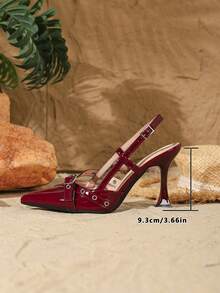 9cm Pointed Toe Elegant Stiletto High Heels, Slingback Design With Criss-Cross Strap, Metal Decor, Burgundy Color, Sexy Kitten Heel, Fashion & Comfortable, Suitable For Daily Wear, Party, Ball, Christmas