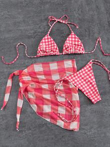 Conjunto de 3 peças com estampa pied-de-poule, top cropped com amarração nas costas, perfeito para férias e praia no verão. - Rosa Quente - Ver 4