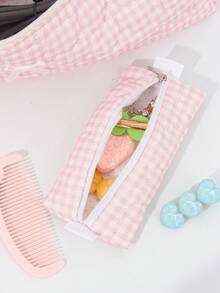 1 Peça/Conjunto Bolsa de Armazenamento Acolchoada com Estampa Xadrez Rosa para Ferramentas de Cabeleireiro, Bolsa de Armazenamento para Secador de Cabelo, Bolsa de Armazenamento para Ferros de Ondular, Suporte para Secador de Cabelo, Bolsa para Ferramentas de Cabelo, Bolsa para Presilhas de Cabelo, Organizador de Transporte para Ferramentas de Ondulação do Cabelo, Ferros de Ondular, Secador de Cabelo, Presilhas de Cabelo, Pente