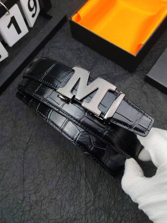 1pc M Letter Automatic Buckle Men's Crocodile Grain Casual Belt, Solid Color Waist Belt For Casual, Home, Party, Travel, 120cm Lengthold Money Vintage Autumn/Fall Urban Outfit Classic Christmas Winter Fashion Daily Men Boyfriend Gift