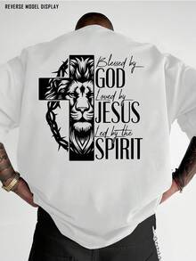 Men's Christian Religious Pattern T-Shirt - Bold Print On Back "God Bless - Jesus Praises - Holy Spirit Loves", Red Crew Neck Shirt, Suitable For Church, Casual Outfits, Machine Washable Gift, Street Fashion, Lion Face Design, Breathable Fabric, Comfortable Fit, Faith Clothing, Lightweight Short Sleeve Top, Street Style Enthusiasts - Unisex Plus Size Top - 白色 - 查看 7