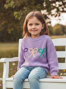 Toddler Baby Girl Boy Mard Gras Outfit Bow Embroidered Knit Crew Neck Sweater Long Sleeve Pullover Tops Fall Clothes,Cute Kids Mard Gras Sweater 6Months - 7 Years. - 紫色 - 查看 2