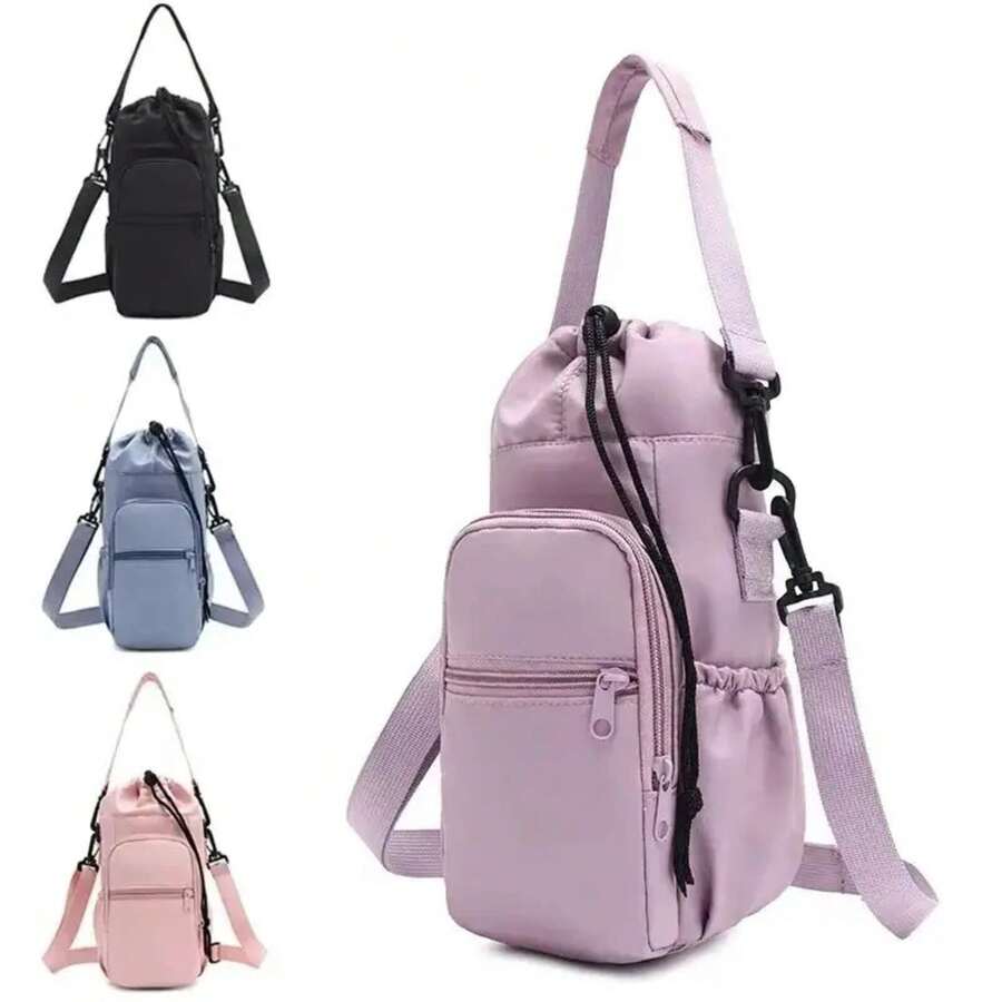 Bolsa de botella de agua portátil con correa ajustable, tazasérmicas, funda protectora aislada, bolsillo para teléfono, bolsa de viaje para deportes al aire libre - Negro - Ver 1
