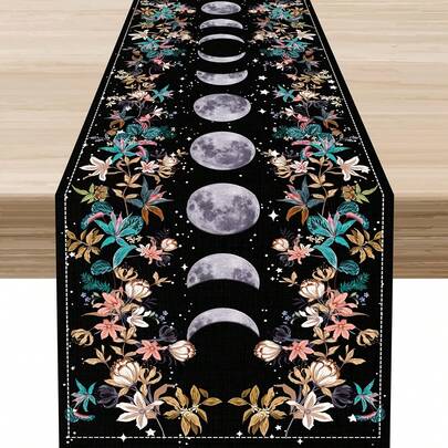 100% Leinen Tischdecke, bohemian-artiger Blumen-Mond-Entwurf, gotisches Sonne-Mond-saisonales Blumen-Blatt-Muster, rechteckige Größe 13x48/13x72/13x108 Zoll, geeignet für Esszimmer, Küche, Heim-Party-Dekoration