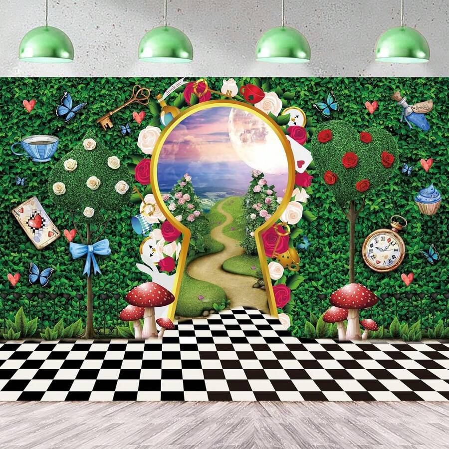 1pc Wonderland Backdrop For Photography Wonderland Tea Party Decorations Fairy Tale Castle Rabbit Green Leaf Birthday Background For Baby Shower Portrait Photo Props - Multicolor - View 1