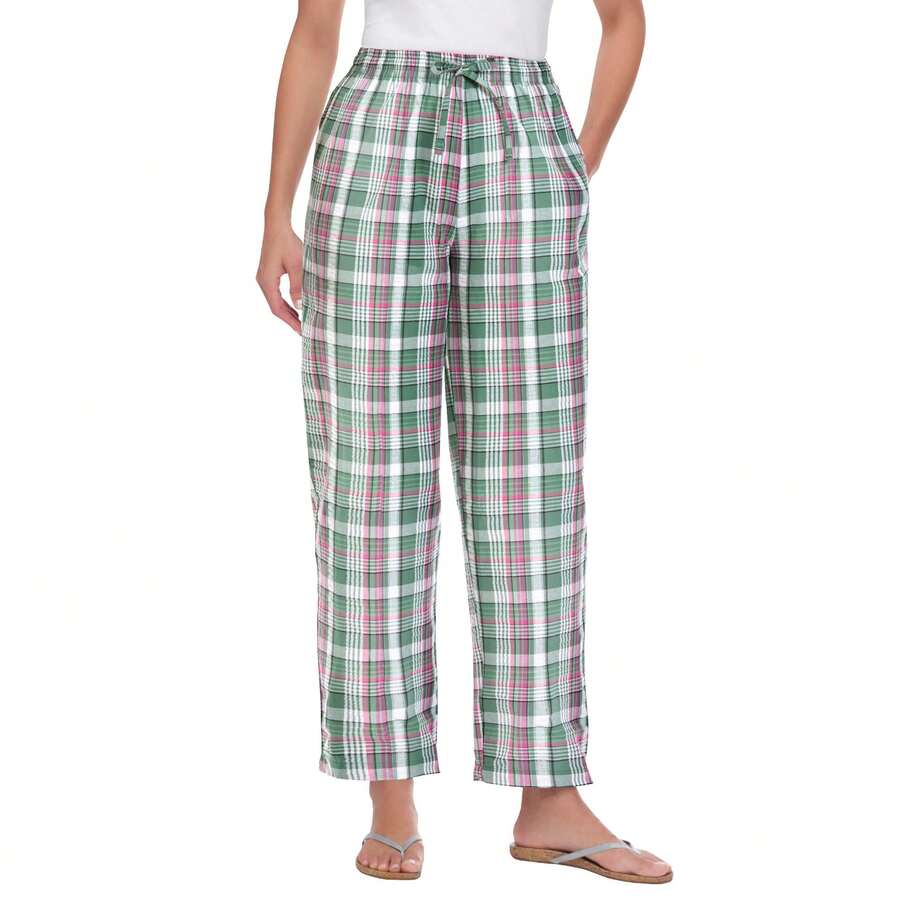 Woman Within Plus Size Seersucker Pull-On Elastic-Waist Pants - 松木格子 - 查看 1