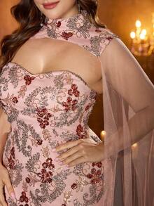 UNITHORSE [Random Print] Plus Women's Stand Collar Floating Piece Sleeve Off Shoulder Back Straps Design Slim-Fitting Evening Dress - Pink - View 5