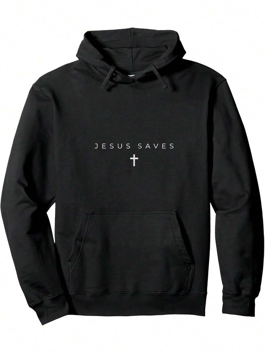 Herren- und Damen-Hoodie mit christlichem Glaubensmuster - Erlösung und Kreuz-Rückendruck, mit Buchstaben, reguläre Passform, Unisex-Pullover, Fronttasche, langlebige lässige religiöse Kleidung, geeignet für Freizeitkleidung - Schwarz - Übersicht 1