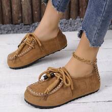 Mocasines planos con flecos para mujer, nuevos de 2025 en unicolor, de ante con cuentas y suela blanda tipo slip-on - Marrón - Ver 6