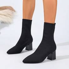 秋冬女士时尚靴，黑色针织踝靴，粗跟尖头设计 - 黑色高跟 - 查看 14