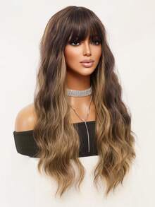 棕色挑染亚麻金长波浪卷发圣诞假发，带刘海，蓬松自然，易于打理，耐热合成假发，魅力性感，适合女性日常派对、万圣节角色扮演、化装舞会、音乐节、嘉年华等场合，26英寸 - 漸層棕色 - 查看 6