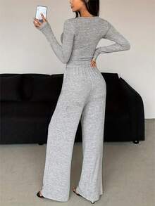 2pcs Set Women Long Sleeve Solid Color Top And Pants Suit, Spring/Autumn/Winter, Two Pieces Set Cozy Outfit, Fall Clothes - Grey - View 4