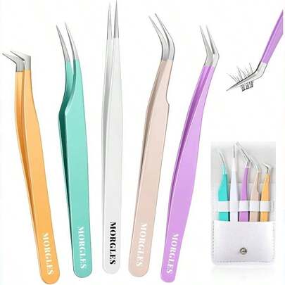 Pinzas de pestaas rectas y curvadas para extensiones de pestaas, 5 pinzas de pestaas para pestaas postizas, pinzas de precisin para manualidades, herramienta aplicadora de pestaas para