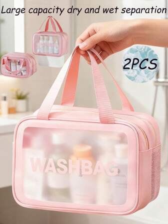Bolsa de aseo transparente impermeable de PVC, bolsa de maquillaje de gran capacidad para viajes, organizador portátil de cosméticos, organizador de tocador, bolsa de viaje con separación de húmedo y seco, adecuada para tocadores, cosméticos, esmalte de uñas, lápiz labial, sombra de ojos, humectante, brochas, loción, perfume, lápiz de cejas
