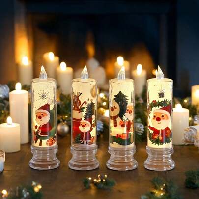 4 piezas Luces de vela electrónicas LED, decoración de árbol de Navidad de Papá Noel, vela transparente de luz nocturna, velas decorativas navideñas, crea ambiente navideño, decoración de fiesta, modelo de vela y modelo de base, con base desmontable (patrón aleatorio), decoración de habitación, decoración navideña, luces de Navidad, decoración de dormitorio, decoración del hogar, decoración de fiesta, vacaciones, regalo de Navidad, Acción de Gracias, decoraciones de árbol de Navidad