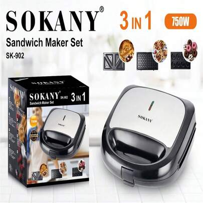  SOKANY 902, 3-In-1 Multifunctional Sandwich Maker, Waffle Maker, Donut Maker. 3 Interchangeable Plates, Removable And Washable, High Power, Double-Sided Heating, Smart Temperature Control, Indicator Light, Aluminum Material, And Reliable, Ideal For Homemade Waffles, Cakes, Sandwiches, Burgers, Pizza, Children's Cookies, Donuts.