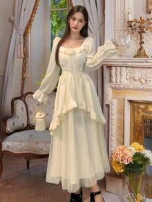 Women's Elegant Evening Party Dress Long Sleeve Ruffles Mesh Patchwork Dresses Christmas Birthday Wedding Guest Dress Autumn French Style Female Fall Vintage Chic New Year Night Going Out Outfits