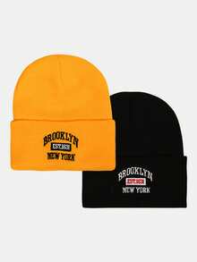 2pcs Unisex Letter Embroidered Brimless Beanie Hats, Streetwear Style