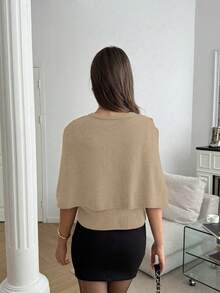 FOR BEAUTY Spring/Summer New Solid Color Round Neck Single-Breasted Poncho-Style 2-In-1 Knit Cardigan Women Top, Fashionable, Elegant, Minimalist, Versatile, Loose Fit, Suitable For Dates, Outings, Commuting, Spring Knitwear Jacket - Warm Apricot - View 5