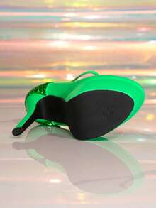 女士亮片拼接搭扣设计时尚魅力高跟鞋 - 綠色 - 查看 7