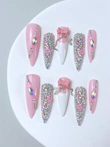 10Pcs Handmade Press On Nails Kit Long Almond Transparent White Yellow Purple Wave Point Flower Bling Glitter Glistening Iridescent Luxurious Rhinestone Decor Japanese Style - Multicolor - View 2