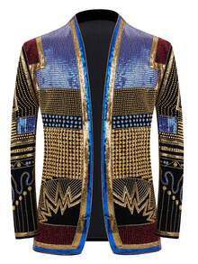 Men's Sequin Blazer, Floral Tuxedo Jacket, Lapel Suit For Party Wedding Banquet Prom - Black - View 6