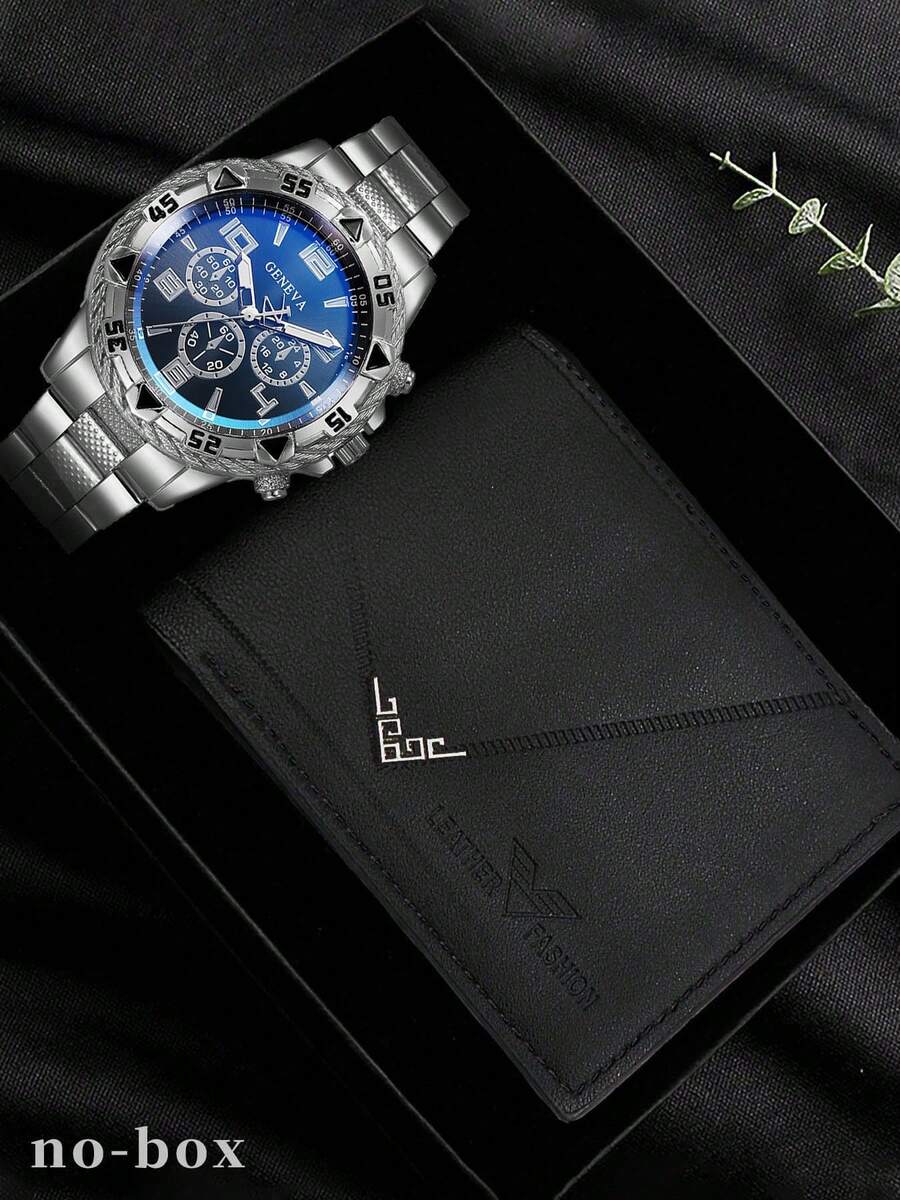 2PCS Men's Silver Stainless Steel Band Fashion Round Dial Business Style Quartz Watch + Wallet, Daily Decoration Matching Or Holiday Gift - Black - View 1
