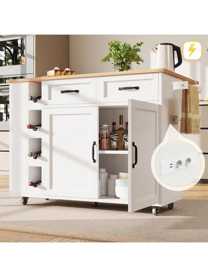 Kitchen Isl Serving Cart Countertop, Cabinet, Trolley, Food Four Doors Two Drawers, Wood Finish