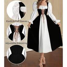 Womens Renaissance Dress, Halloween Medieval Victorian Costume Lace Bubble Sleeve Fairy Maxi Dresses - 黑色+大號 - 查看 6