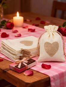 3/5pcs Linen Drawstring Bags, Linen Heart Print Drawstring Pouches, Small Linen Drawstring Jewelry Bags. Suitable For Weddings, Bridesmaids, Parties, Birthdays, Thanksgiving, Valentine's Day - Multicolor - View 6