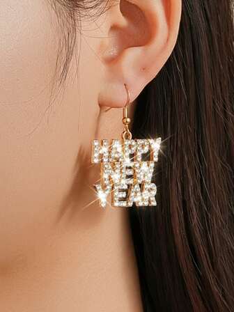 新年快乐女士耳环，水钻字母吊坠耳环，闪亮金色派对饰品礼物