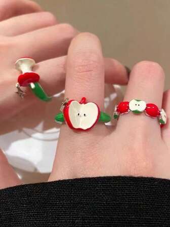 Y2K 时尚彩色苹果戒指开口可调节油滴形指环女士珠宝配饰礼物