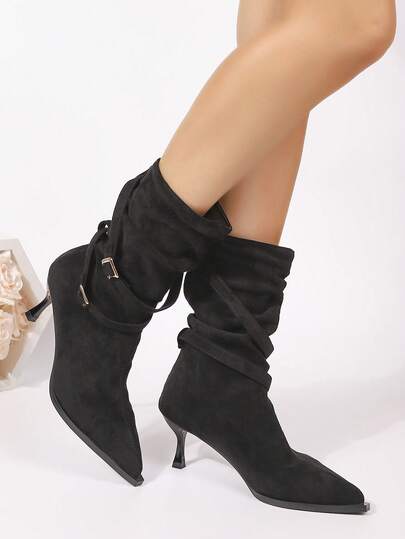 Giày bốt nữ mũi nhọn, màu trơn, kiểu dáng cổ tích Trung Hoa, retro gothic, có khóa cài, gót nhọn thanh lịch, thích hợp cho các bữa tiệc, công sở, đám cưới vào mùa thu/đông.