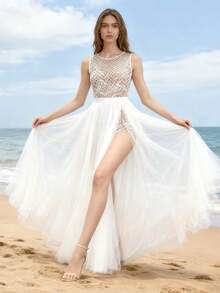 1pc Long White Lace Mesh High Slit Maxi Dress, Beach Wedding Gown, Casual Sheer Slim Design Party Evening Dress - White - View 6