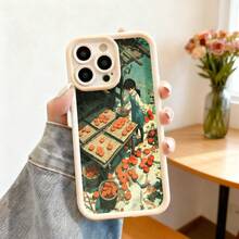 Cubierta de teléfono con borde negro diseño de niña vendiendo calabazas en mercado estilo anime para uso diario y viajes - Burdeos - Ver 4